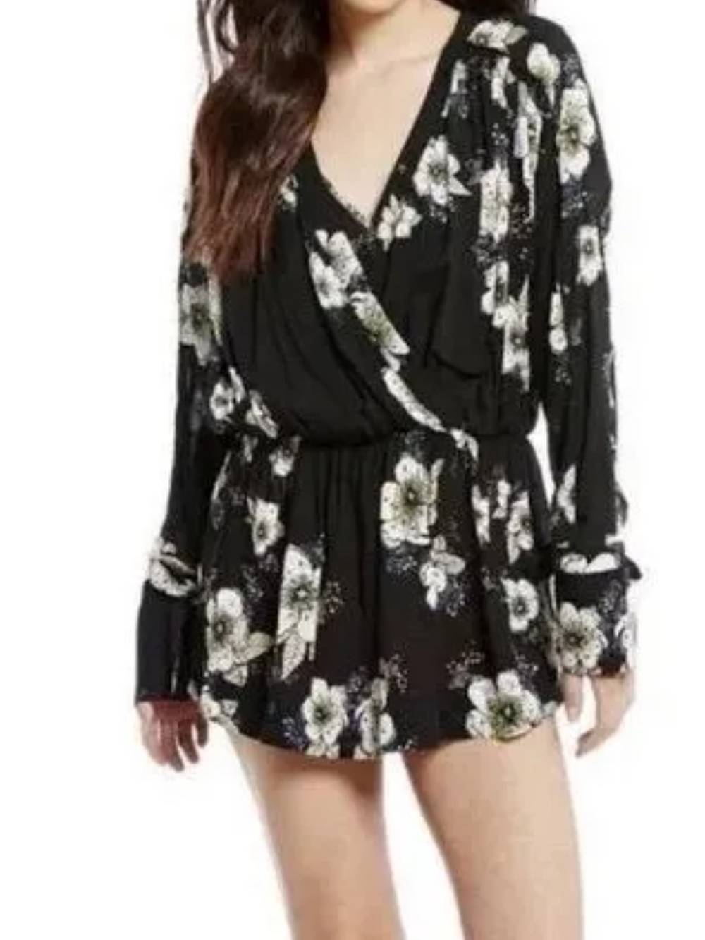 FREE PEOPLE TUSCAN DREAMS Black Floral Long Sleeve Romper